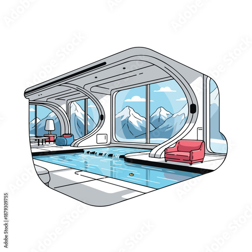 A futuristic indoor pool with a view of snow-capped mountains