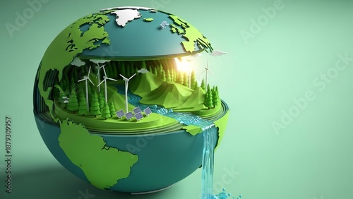 A stylized green earth with a cutout revealing a vibrant landscape with renewable energy sources.