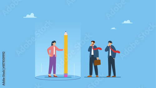 Businesswoman using pencil to draw personal space circle to protect from coworkers. Personal space, privacy or work boundary to limit access and protect from people, introvert or safe zone.