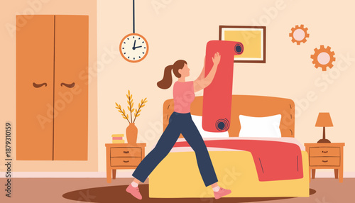 Woman adjusting mat before workout