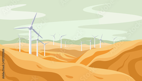 Wind turbines in a desert landscape with soft pastel colors  