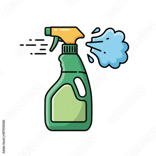 A green spray bottle with yellow nozzle spraying blue liquid