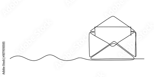 Continuous line drawing of an open envelope and letter on a white background Vector, illustration