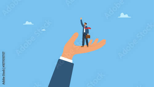 Confidence businessman in supported hand. Support or encouragement or promote to be leader, help to succeed in work, assist to new career opportunity, leadership or business growth.