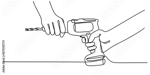 A person's hands are shown adjusting a power drill in a continuous line art drawing Vector, illustration