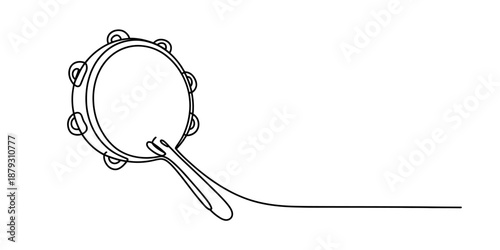 Continuous single line drawing art of a tambourine musical percussion instrument Vector, illustration