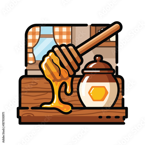 A honey dipper with honey dripping from it next to a honey pot