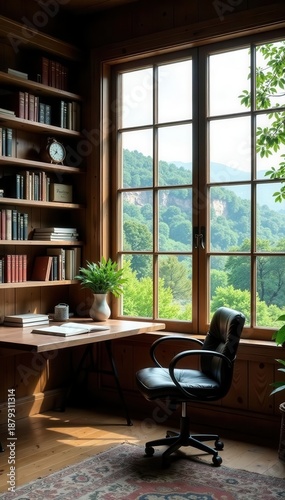 Wallpaper Mural Rustic wood bookshelves, scenic window view of trees and hills Cozy home office backdrop , background, scenic Torontodigital.ca