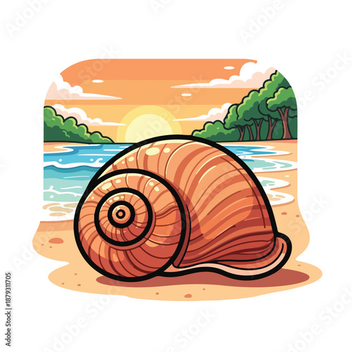 A large snail shell on a beach at sunset