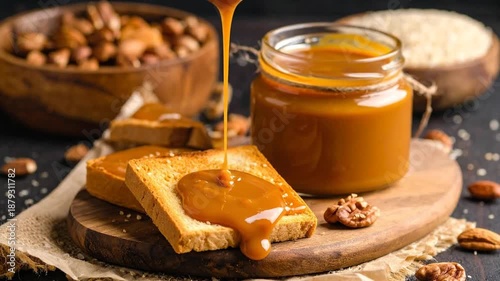 Caramel Sauce Pouring on Toast with Nuts and Jar