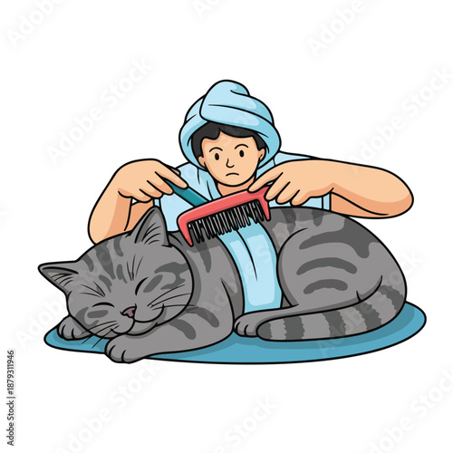 A man in a blue robe combs a cat