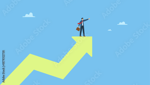 Confidence businessman stand on growing arrow pointing up in the sky. Growth strategy challenge to improve and achieve business goal, leadership to lead company to meet target, motivation.