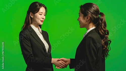 Two Businesswomen Shake Hands on Green Screen Background