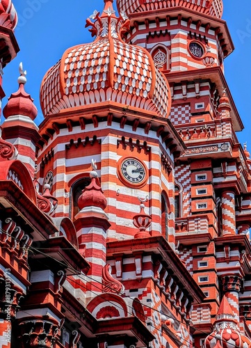 Quadro em tela Low-angle view of a historic red and white mosque with intricate architectural details under a clear blue sky in Colombo, Sri Lanka