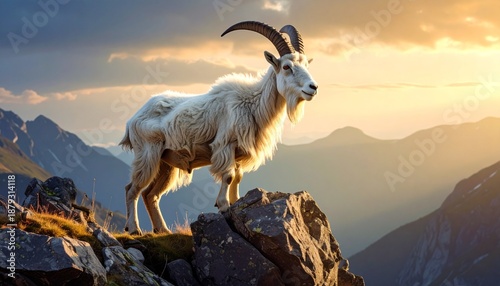 Majestic white mountain goat with impressive curved horns stands proudly on a rocky cliff overlooking a vast, hazy mountain range at sunset