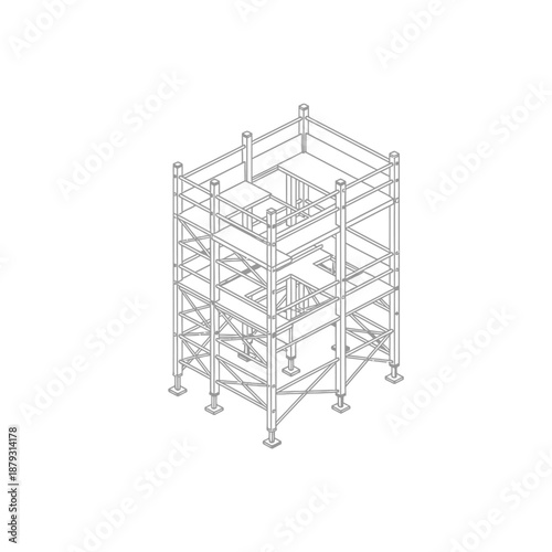 Scaffolding Tower Structure Isometric Line Art. Detailed Technical Framework Outline Drawing for Construction and Engineering Diagrams.