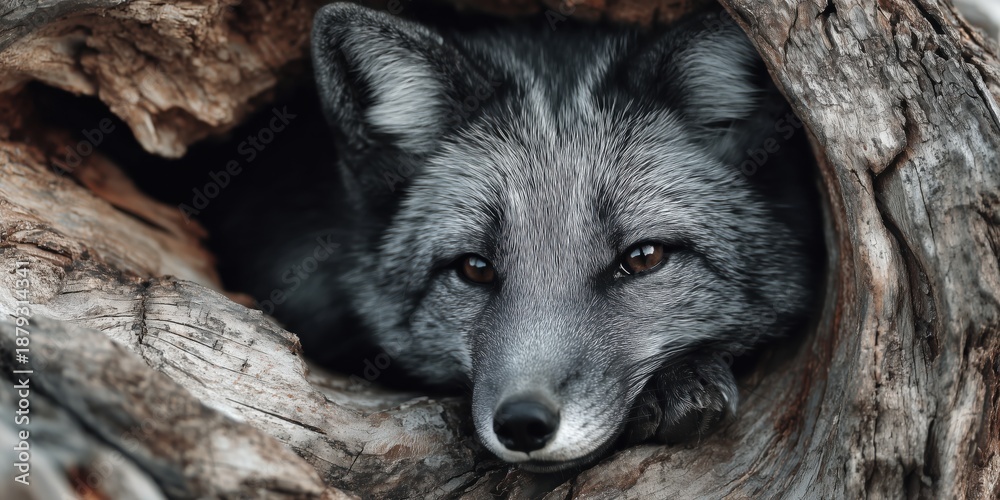 Naklejka premium Close up portrait of a beautiful grey fox resting inside a hollow tree trunk.