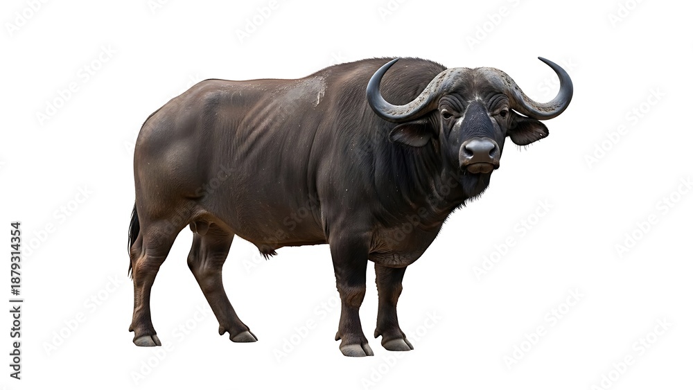 Fototapeta premium Powerful African Cape Buffalo Isolated on Pure White Background - Detailed Digital Illustration of a Majestic Wild Bovine from the Safari Big Five for Easy Compositing and Wildlife Projects.
