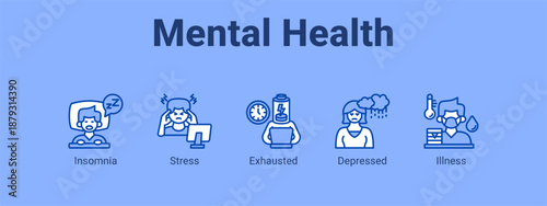Mental Health web banner icon vector illustration concept ,  with icon of Insomnia, Stress, Exhausted.