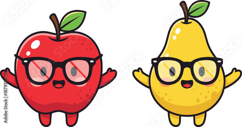 Adorable cartoon red apple and yellow pear characters wearing eyeglasses, cute fruit mascots for kids' education or healthy food vector illustration.
