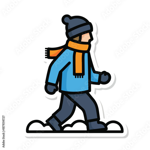 A person walking on snow wearing warm winter clothing