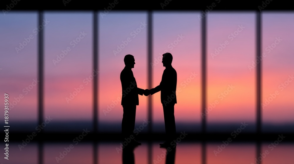 Fototapeta premium Silhouette of Two Businessmen Shaking Hands Against a Sunset Background in Modern Office Setting