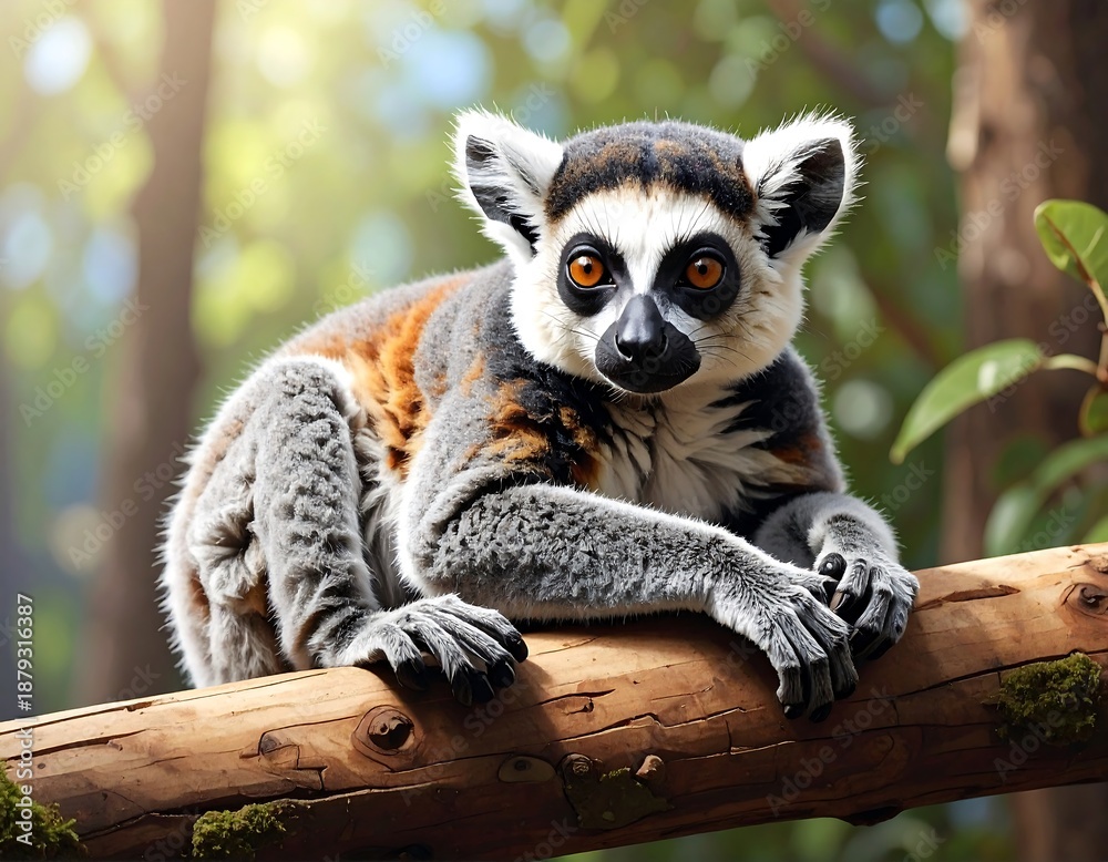 Fototapeta premium Lemur resting on a branch, gazing forward, surrounded by lush green foliage