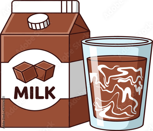 Refreshing chocolate milk carton and full glass with swirls, delicious dairy beverage illustration for breakfast or snack time on white background.