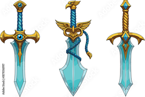 Set of three magical fantasy daggers with ornate gold hilts and glowing blue crystal blades, mystical ancient weapon game assets vector illustration on white.