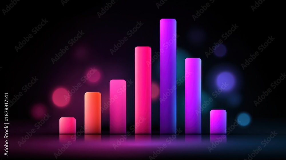 Fototapeta premium Colorful abstract bar graph on dark background, illustrating data growth and financial success, with vibrant hues of pink, purple, and orange enhancing visual appeal