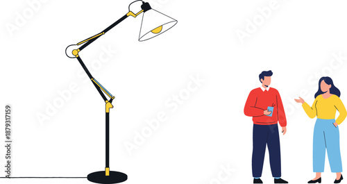 Modern adjustable black floor lamp with bright yellow light and two tiny people talking, creative interior design or big ideas vector illustration.