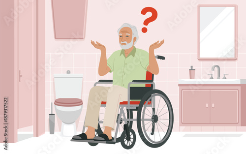 Elderly man in wheelchair puzzled in bathroom with toilet and sink from a frontal viewpoint