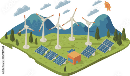 Isometric renewable energy landscape with wind turbines, solar panels, green hills, eco power generation, sustainable electricity, clean environment concept