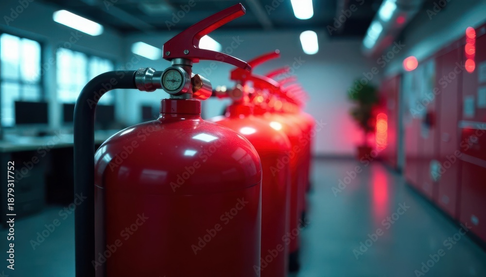 Obraz premium Gas fire suppression system activation in office, close-up view, system, building, office fire safety