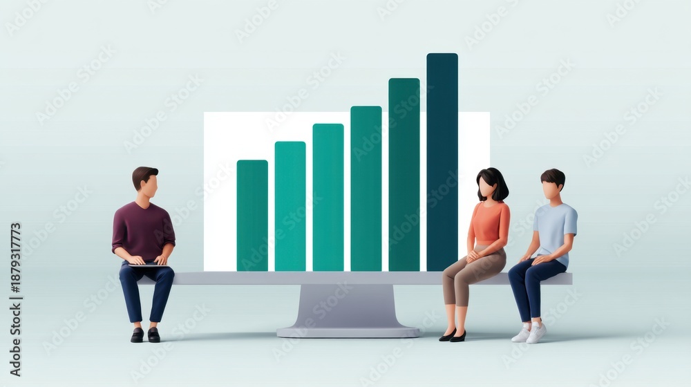 Fototapeta premium People Sitting on Desk with Growth Chart, Modern Office Design, Data Analysis Concept, Business Team Collaboration, Trend Visualization, Digital Display