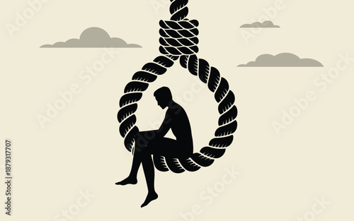 A person sitting inside a noose, contemplating a dire situation, in a somber environment from a straightforward viewpoint