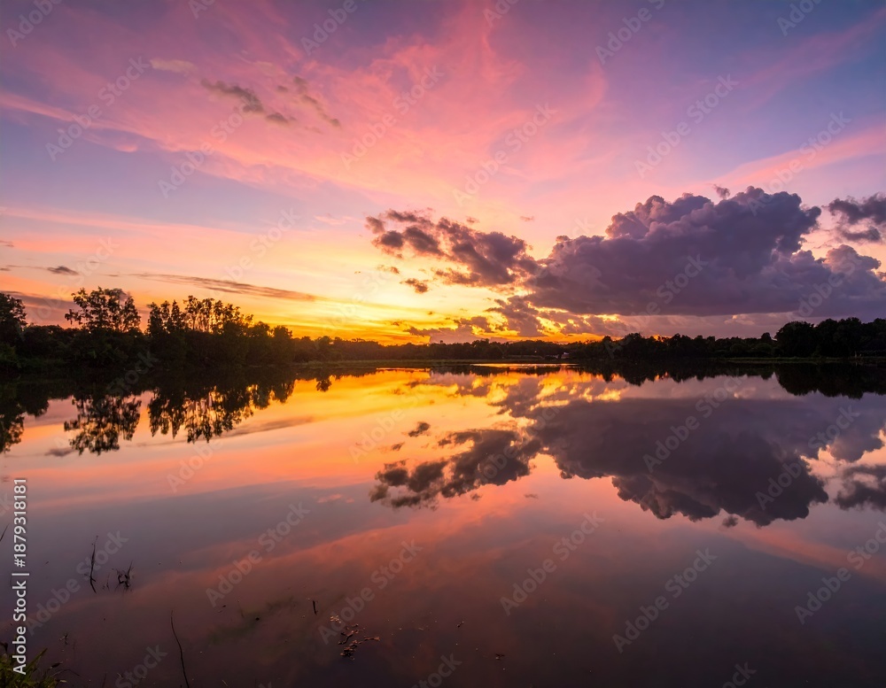 Fototapeta premium Vibrant sunset reflecting on tranquil lake surface, creating a serene scene.