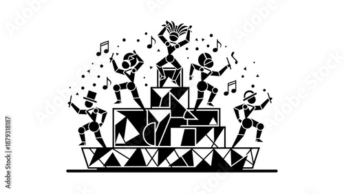 Black and white dancing cartoon characters.