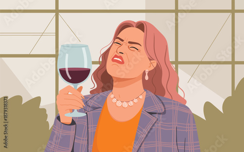 Woman enjoying a glass of red wine in a modern office building with large windows