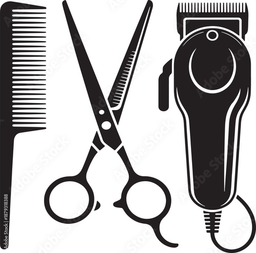 Black silhouette of a comb scissors and electric hair clipper on a white background