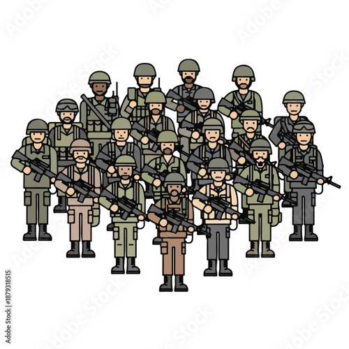 Soldiers in green uniforms stand together with guns and helmets