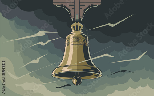A golden bell tolls ominously amidst a stormy sky with dark clouds and lightning, depicted in a vintage illustration