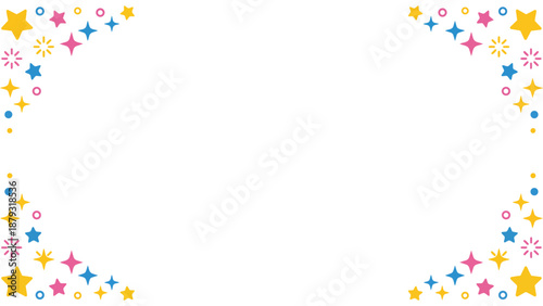 きらきらと輝くような星やポップな紙吹雪の幾何学模様が楽しいフレーム素材です。わくわくする明るい色彩は、パーティーの案内や子供向けのメッセージカードに最適。希望や幸福感あふれるデザインが、大切な言葉を彩ります。