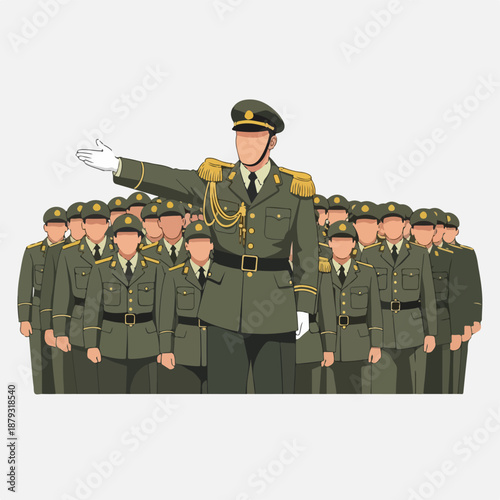 Military officer leading a group of soldiers in formation standing