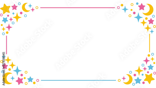 きらきらと輝くような星やポップな紙吹雪の幾何学模様が楽しいフレーム素材です。わくわくする明るい色彩は、パーティーの案内や子供向けのメッセージカードに最適。希望や幸福感あふれるデザインが、大切な言葉を彩ります。