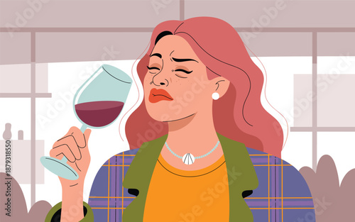 Young woman savoring wine in a cozy indoor setting with a relaxed expression and casual attire