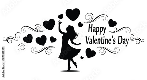 A joyful woman reaches for floating hearts amidst decorative swirls celebrating a happy valentine s day silhouette
