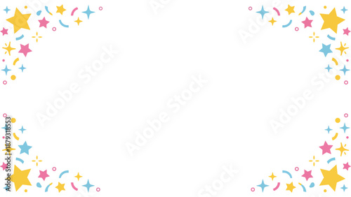 きらきらと輝くような星やポップな紙吹雪の幾何学模様が楽しいフレーム素材です。わくわくする明るい色彩は、パーティーの案内や子供向けのメッセージカードに最適。希望や幸福感あふれるデザインが、大切な言葉を彩ります。