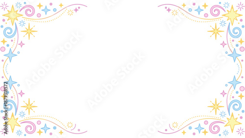 きらきらと輝くような星やポップな紙吹雪の幾何学模様が楽しいフレーム素材です。わくわくする明るい色彩は、パーティーの案内や子供向けのメッセージカードに最適。希望や幸福感あふれるデザインが、大切な言葉を彩ります。