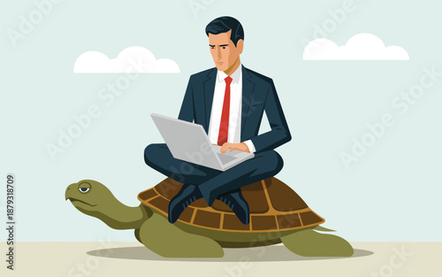 Man in suit sitting on turtle working on laptop outdoors under cloudy sky